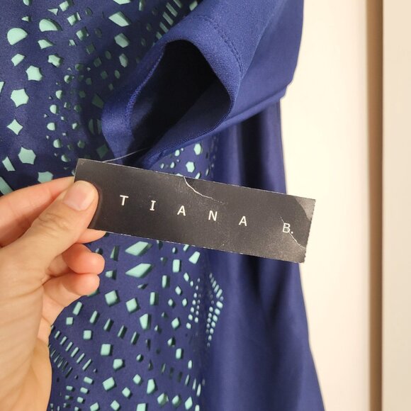 Tiana B. NEW Navy Blue Turquoise Round Neck Cut Out 3/4 Sleeve Dress Sz 6 NWT - Picture 11 of 12
